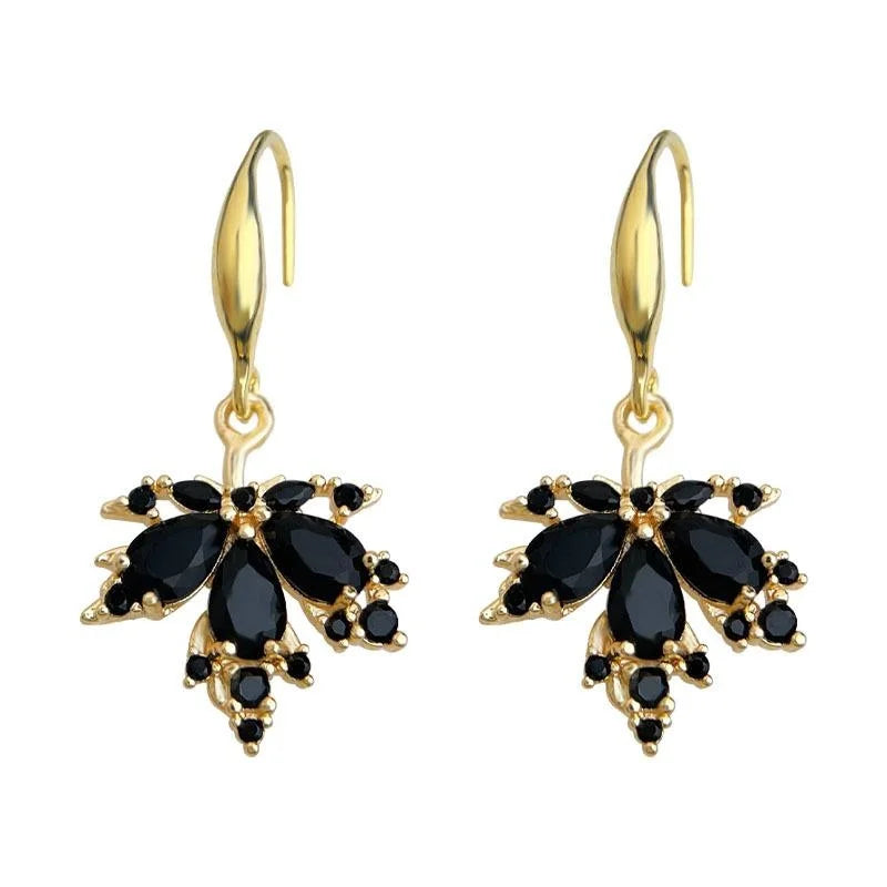 14K Gold Plated Copper Zircon Black Maple Leaf Drop Earrings Light Luxury Commuter Jewelry