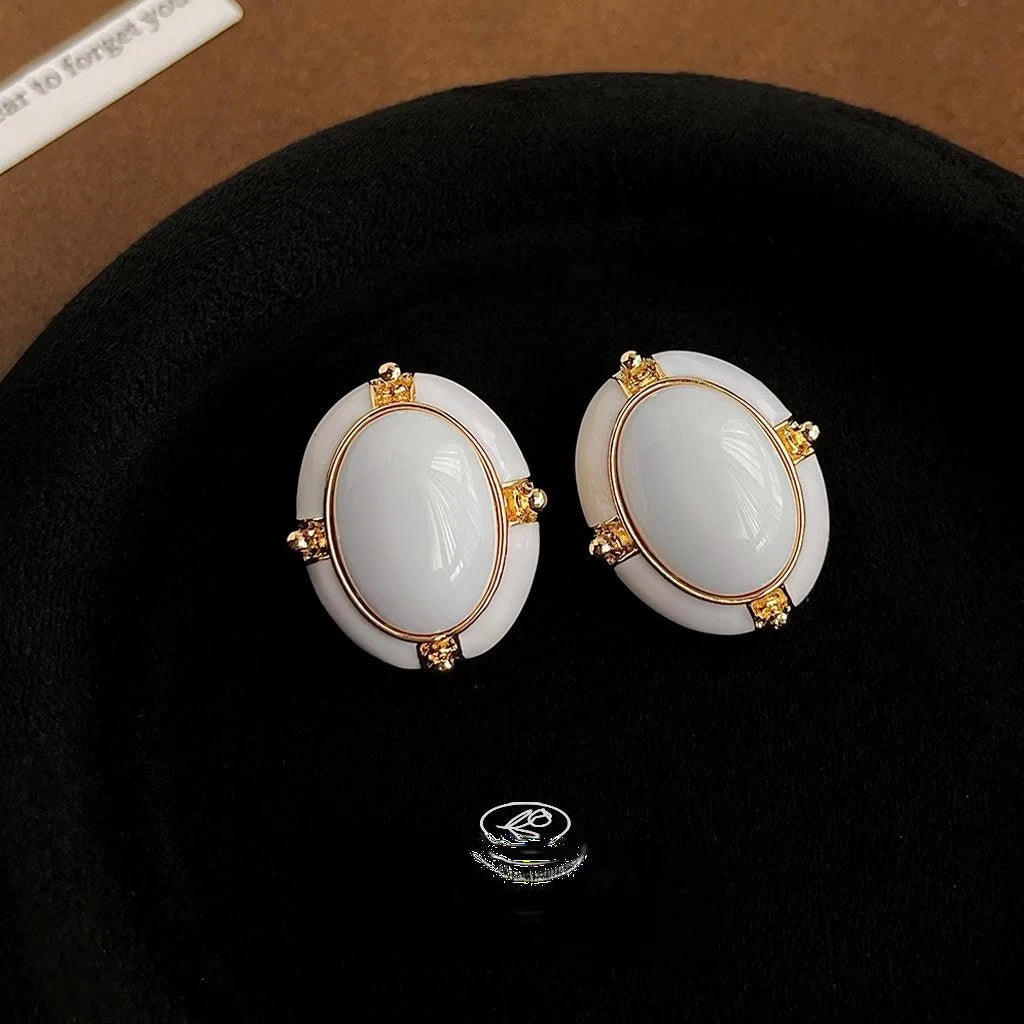 Platinum Tone Eco Copper French Vintage Oval Enamel Palace Style Drop Earrings