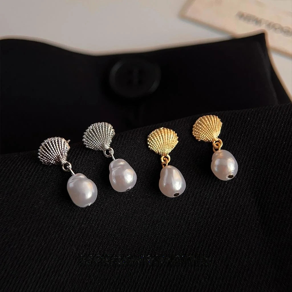Light Luxury Shell Pearl Mini Drop Earrings Copper French Vintage Geometric Jewelry