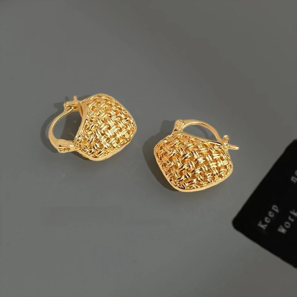 Korean Style 14K Gold Plated Hollow Woven Handbag Geometric Line Copper Stud Earrings