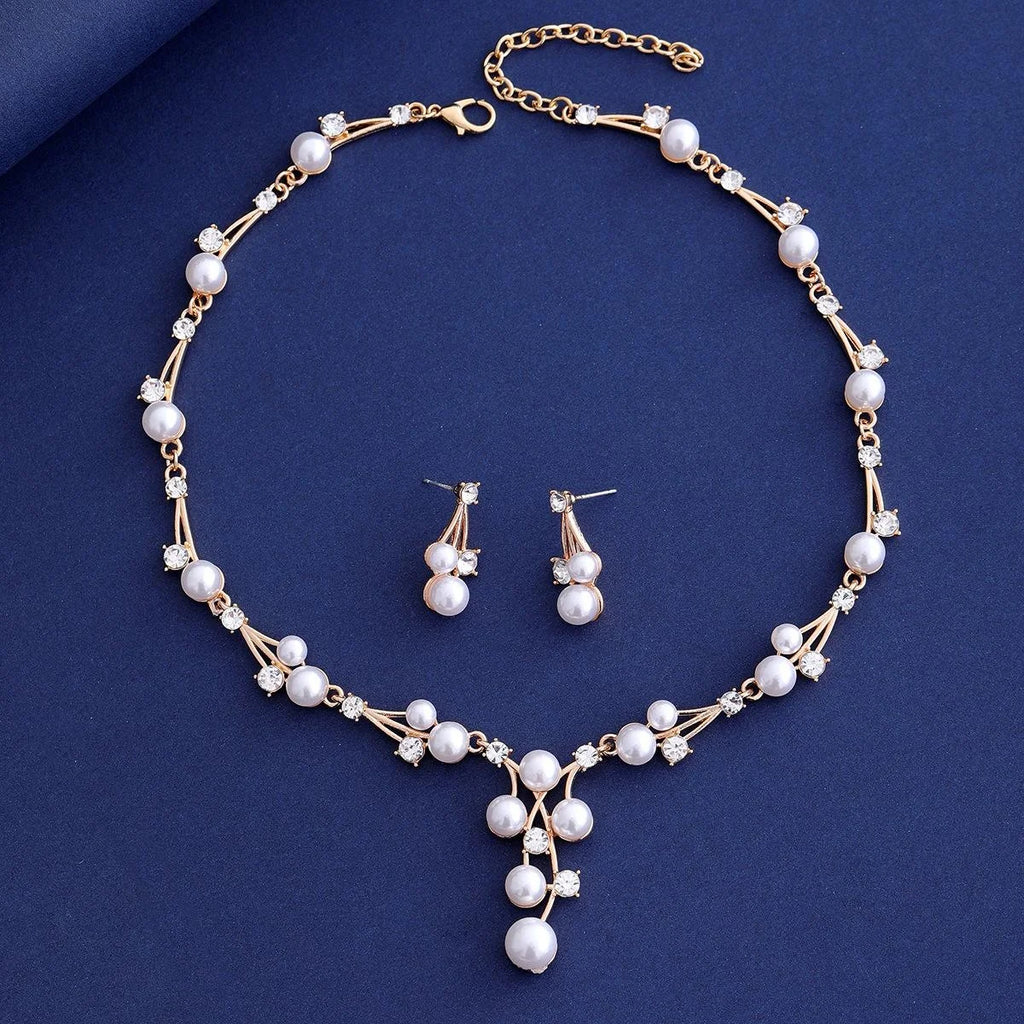 Elegant Pearl Rhinestone Alloy Bridal Earrings and Necklace Jewelry Setfor Wedding Party Banquet Gift