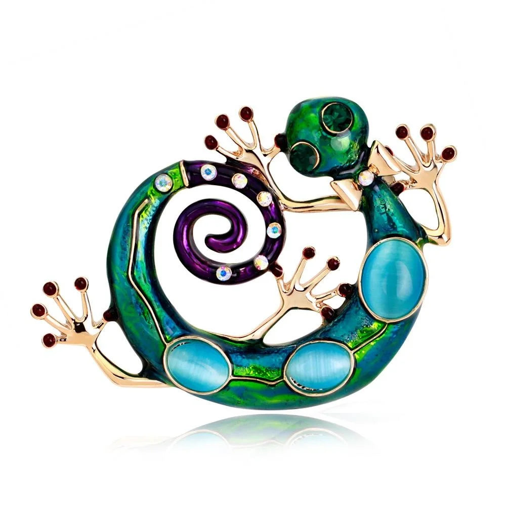 Luxury Enamel Gecko Lizard Brooch With Rhinestones, Alloy Animal Lapel Pin Corsage Suit Accessory Gift
