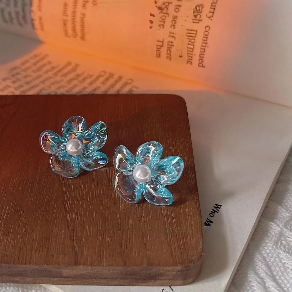 Fairy Style Translucent Blue Acrylic Flower Pearl Stud Earrings Irregular Floral Design