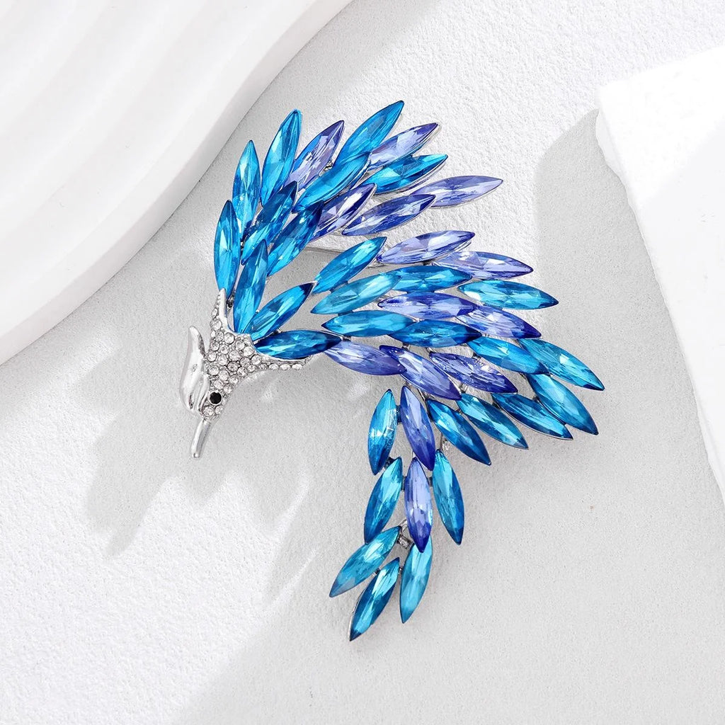 Luxury Blue Crystal Phoenix Rhinestone Brooch Elegant Firebird Lapel Pin Corsage Suit Accessory Gift