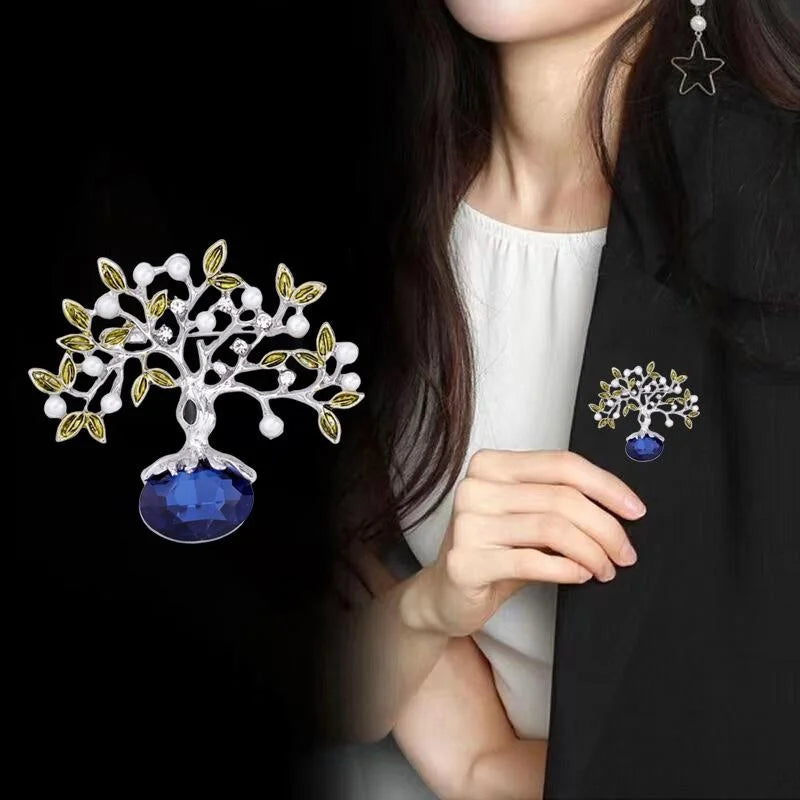 Elegant Fortune Tree Brooch With Pearls, Rhinestones And Red Crystal, Gold Alloy Lapel Pin Corsage Gift