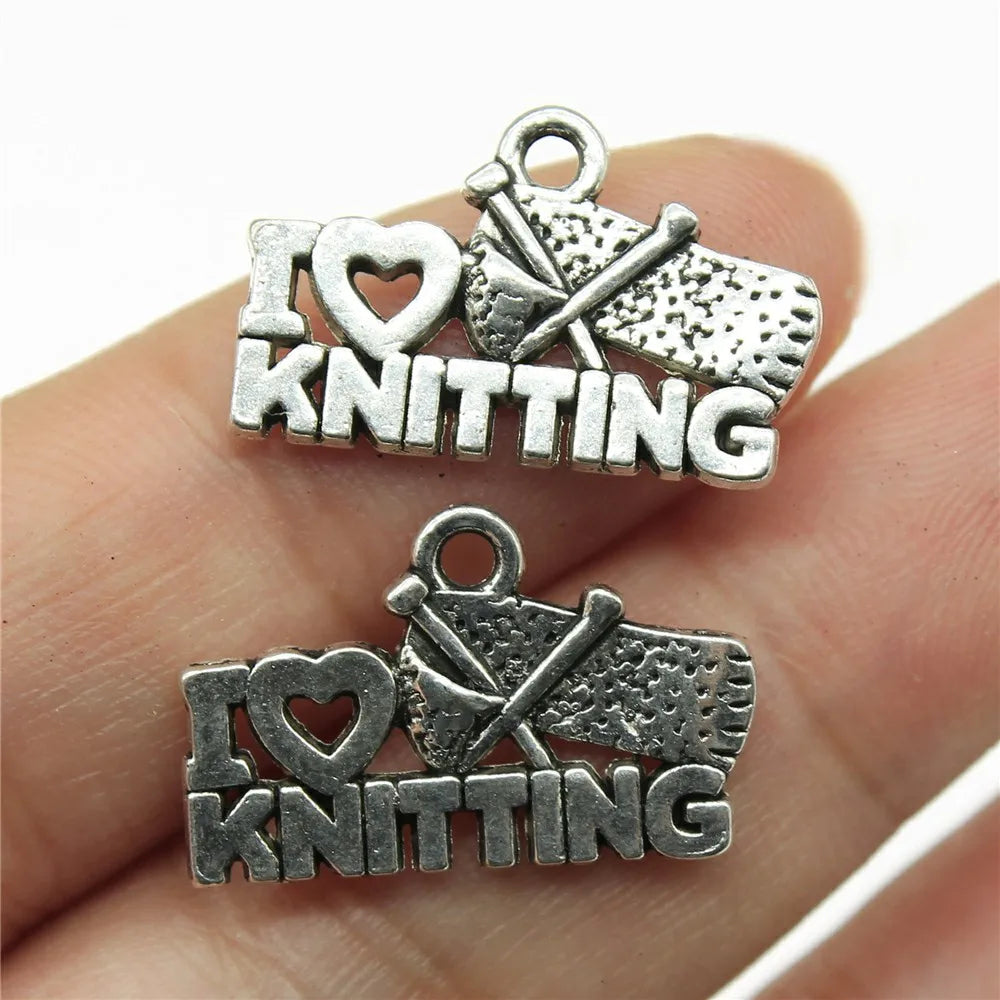 20x12mm 1.3g Antique Silver Zinc Alloy I Love Knitting Letter Charm Pendant for DIY Jewelry Making