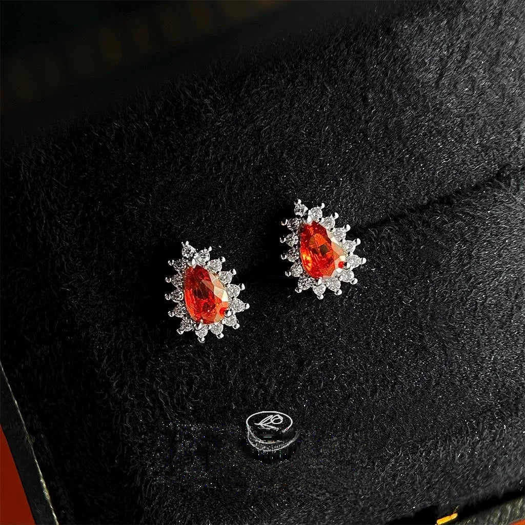 Mini Vintage Pigeon Blood Zircon Teardrop Stud Earrings Copper