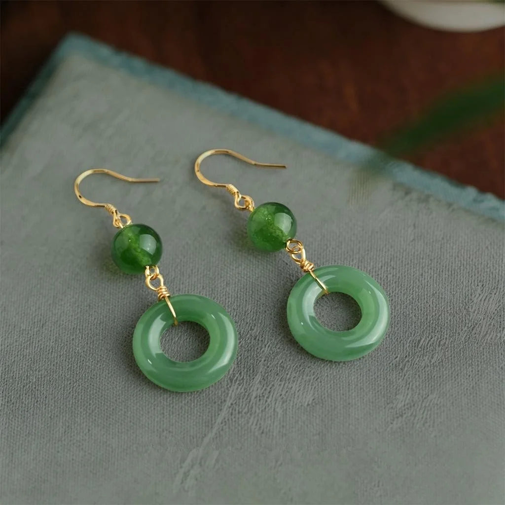 Chinese Retro Green Agate Copper Drop Earrings With Geometric Ring Design