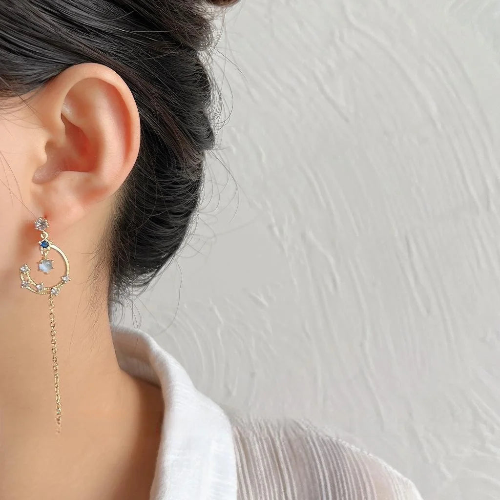 14K Gold Plated Copper Micro Pave Zircon Star Tassel Stud Earrings Asymmetric Jewelry