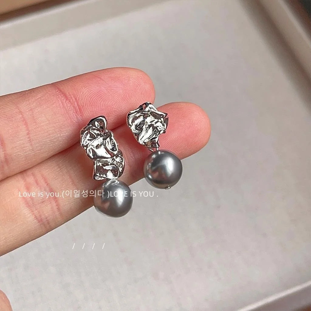 Asymmetric Gray Glass Pearl Drop Earrings Copper Geometric Luxury Style