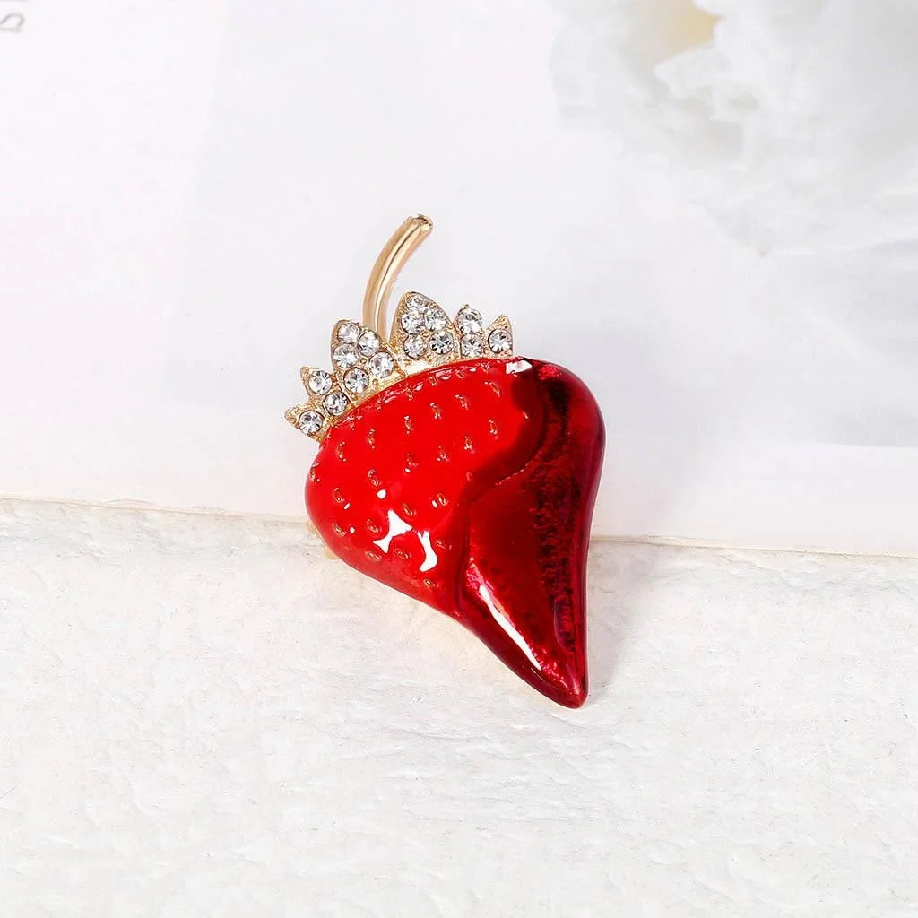 Cute Enamel Strawberry Brooch With Rhinestone Crown, Alloy Fruit Lapel Pin Scarf Buckle Gift For Women