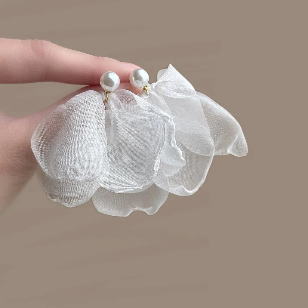 Minimalist Lace Mesh Flower Drop Earrings With Pearl For Women