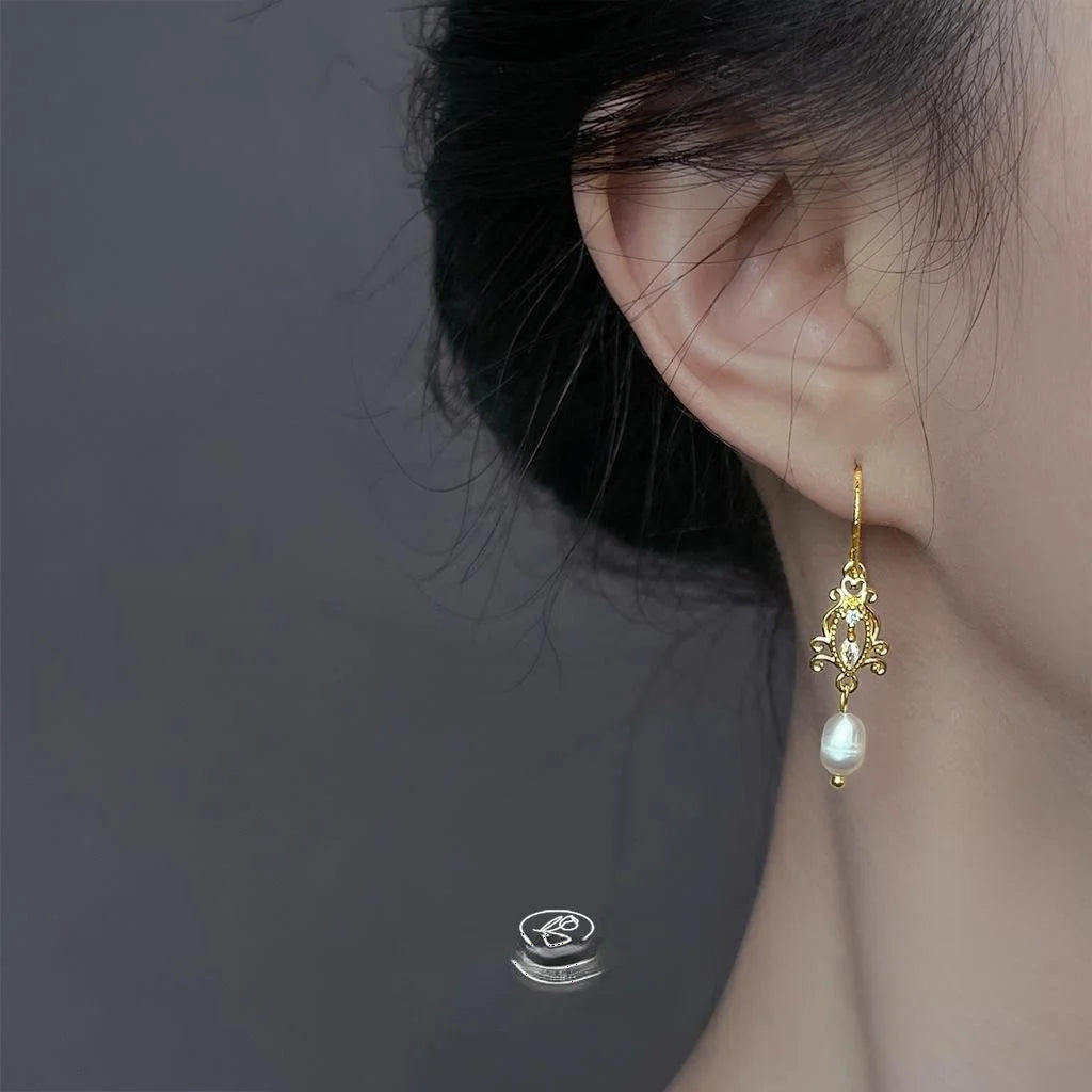 French Vintage Court Style Copper Freshwater Pearl Zircon Hollow Tassel Drop Earrings