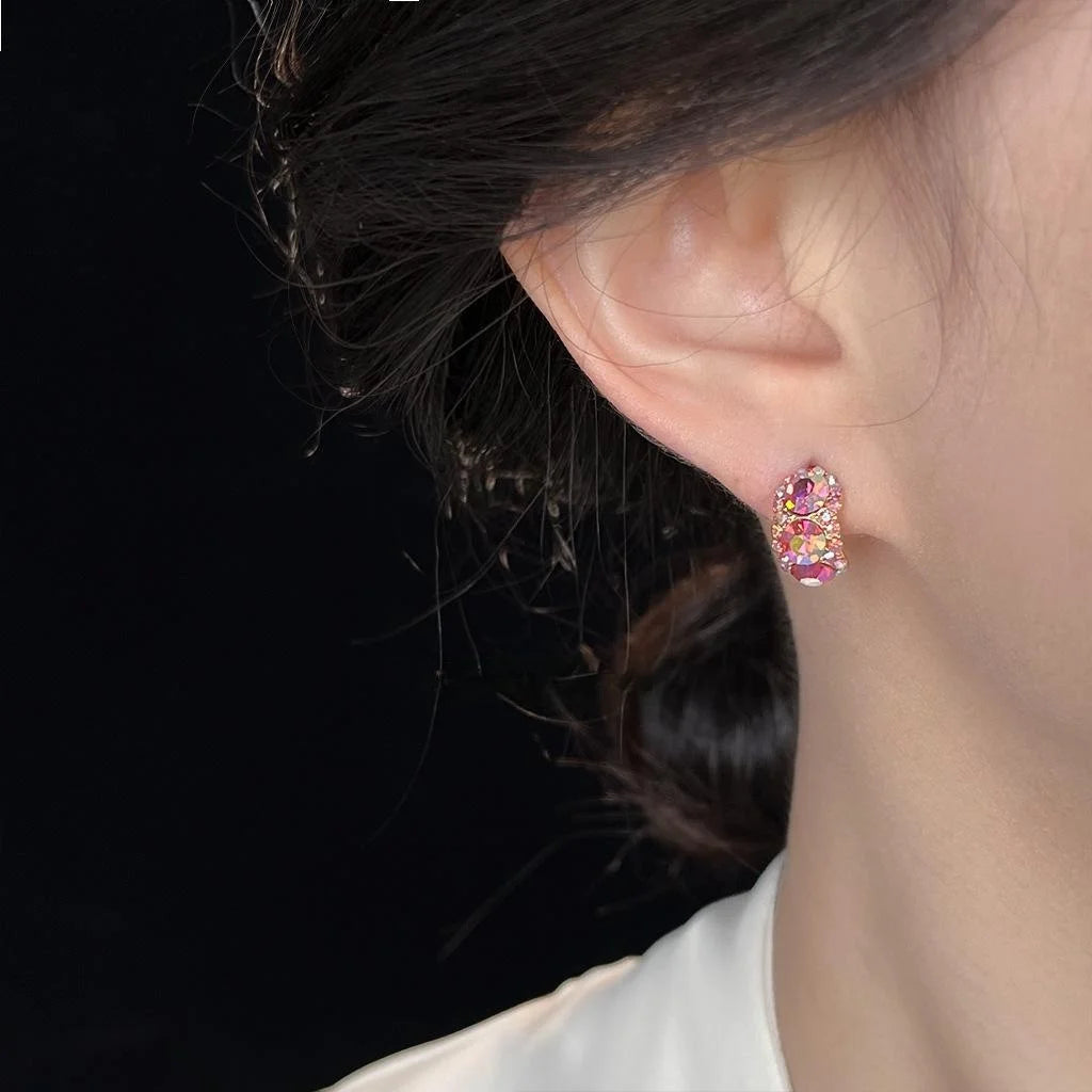 14K Gold Plated Copper Geometric Ring Line Glass Rhinestone Rose Red Stud Earrings