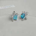Silver Plated Copper Aquamarine Zircon Bow Stud Earrings Sweet Beach Vacation Style