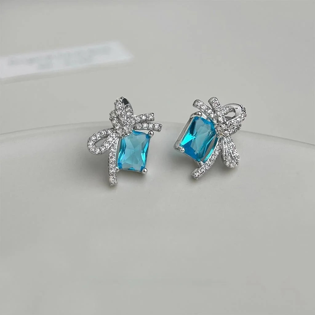 Silver Plated Copper Aquamarine Zircon Bow Stud Earrings Sweet Beach Vacation Style
