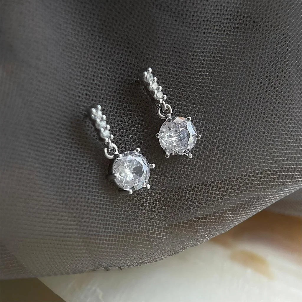 Light Luxury Geometric Round Zircon Micro Pave Silver Plated Pin Drop Earrings For Women