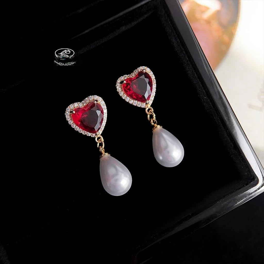 French Vintage Copper Drop Earrings Micro Pave Zircon Burgundy Heart Teardrop Pearl