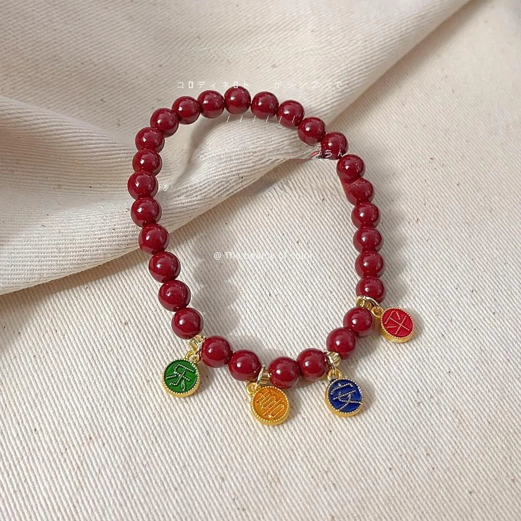 Red Synthetic Cinnabar Stone Pixiu Beaded Bracelet With Fu Charm, New Chinese Zen Style For Women