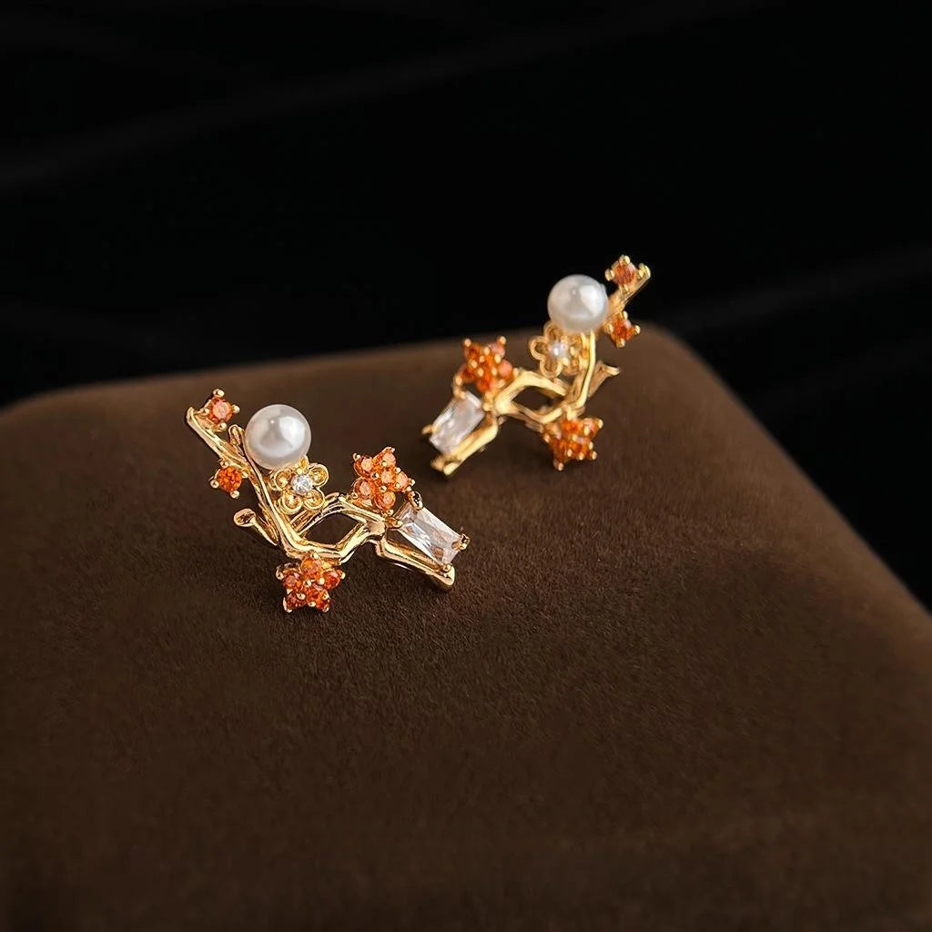 New Chinese Plum Blossom Leaf Stud Earrings Copper Pearl Zircon Micro Pave Jewelry