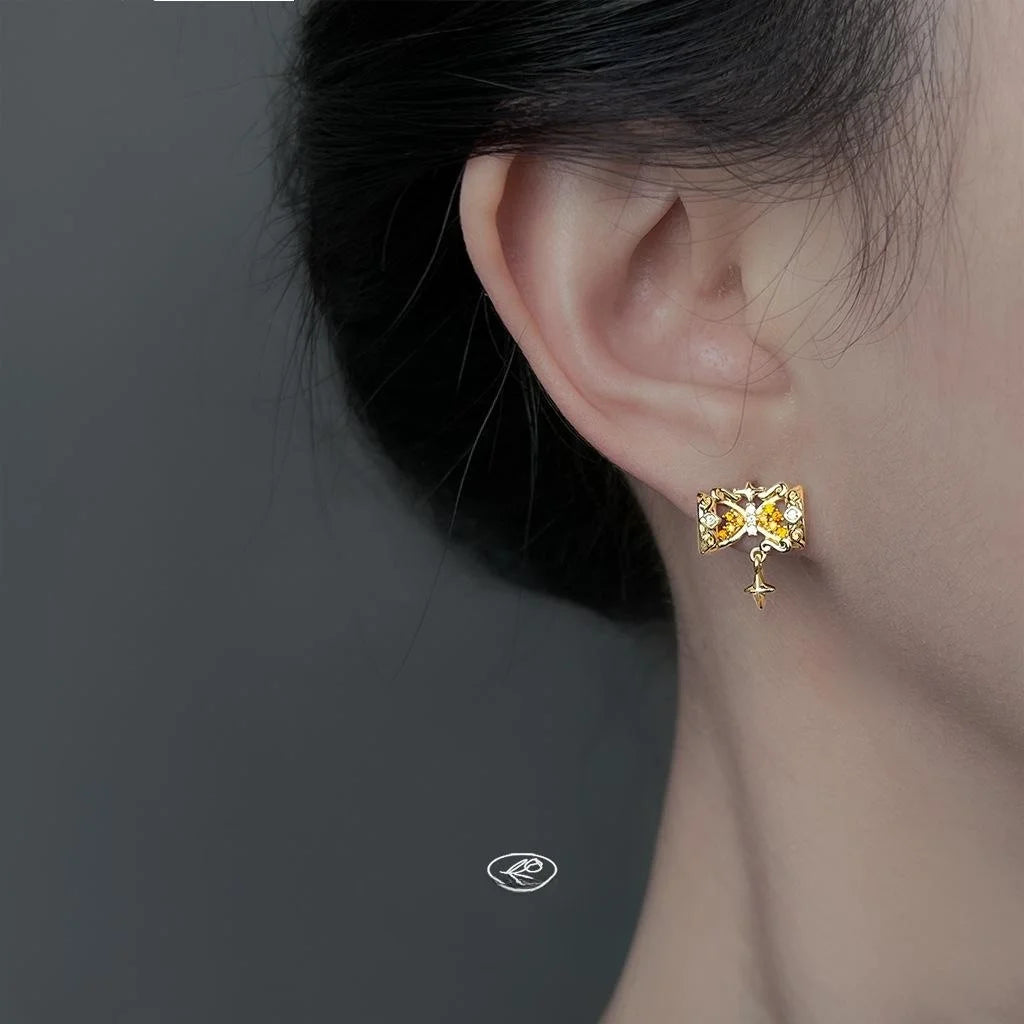 Light Luxury Copper Zircon Bow Star Hourglass Stud Earrings With Silver Plated Pins