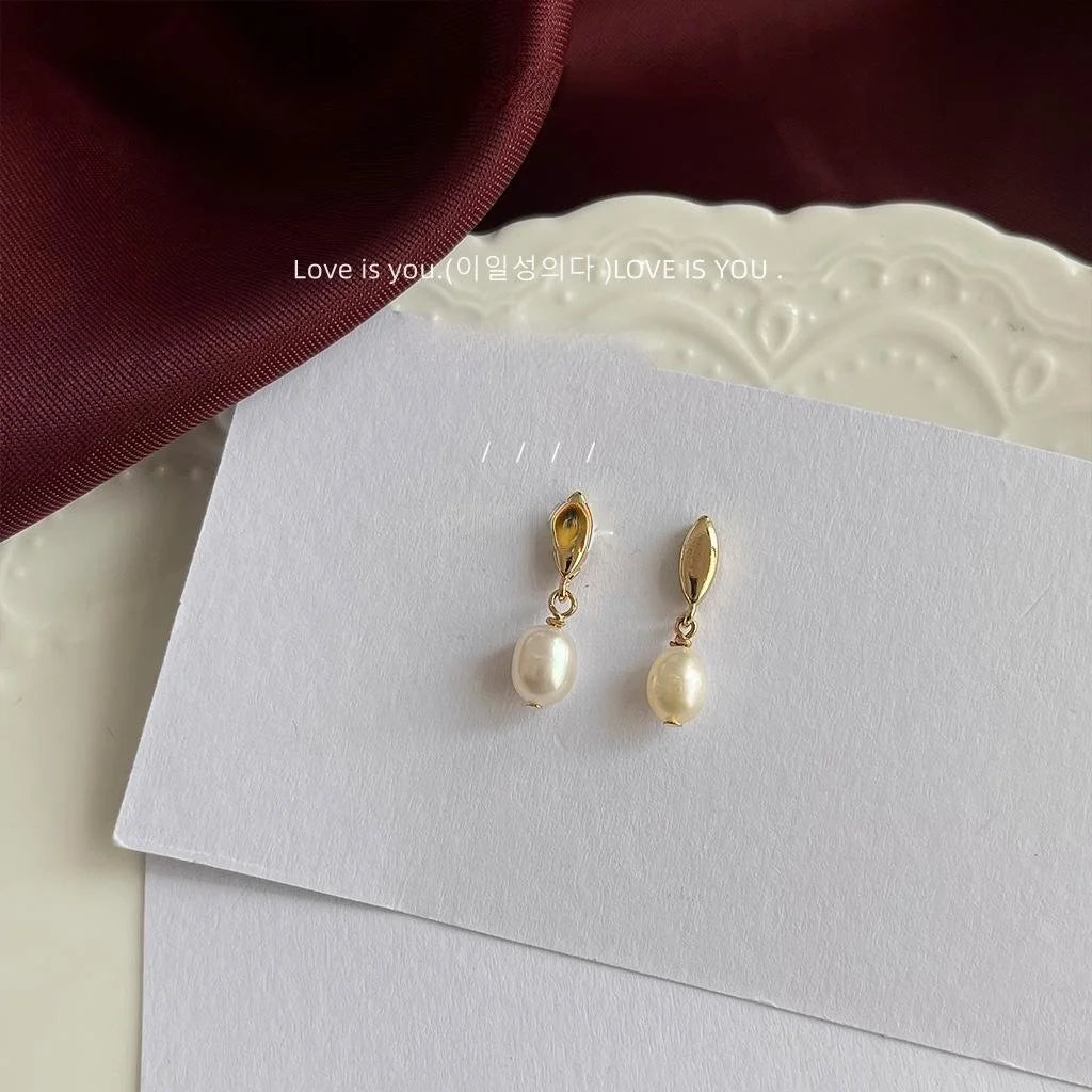 Natural Freshwater Pearl Drop Stud Earrings 14K Plated Minimalist Handmade