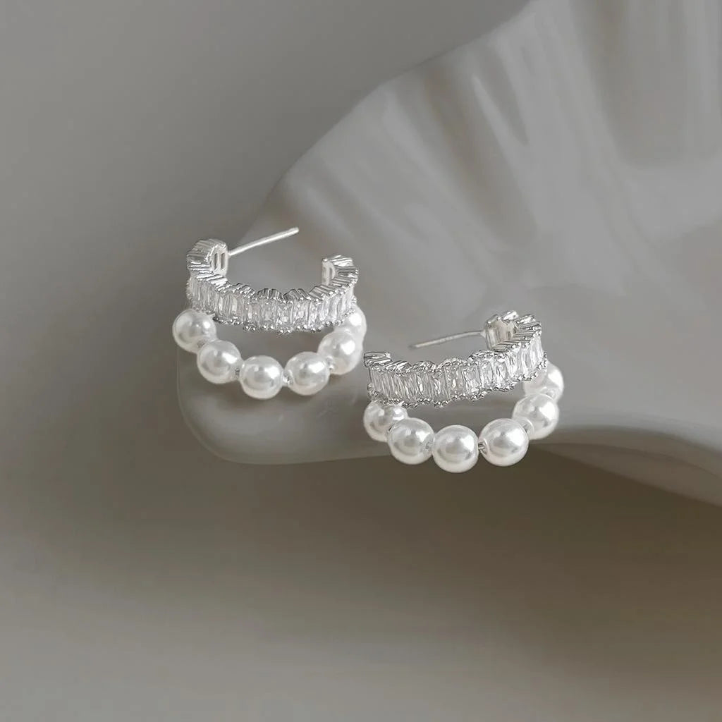 Light Luxury C Shape Geometric Zircon Pearl Drop Earrings Sparkling Round Fashion Ear Jewelry