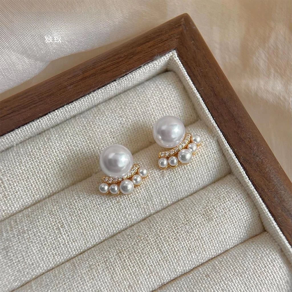 French Vintage Crown Stud Earrings Copper Micro Pave Zircon High Luster Pearl Jewelry