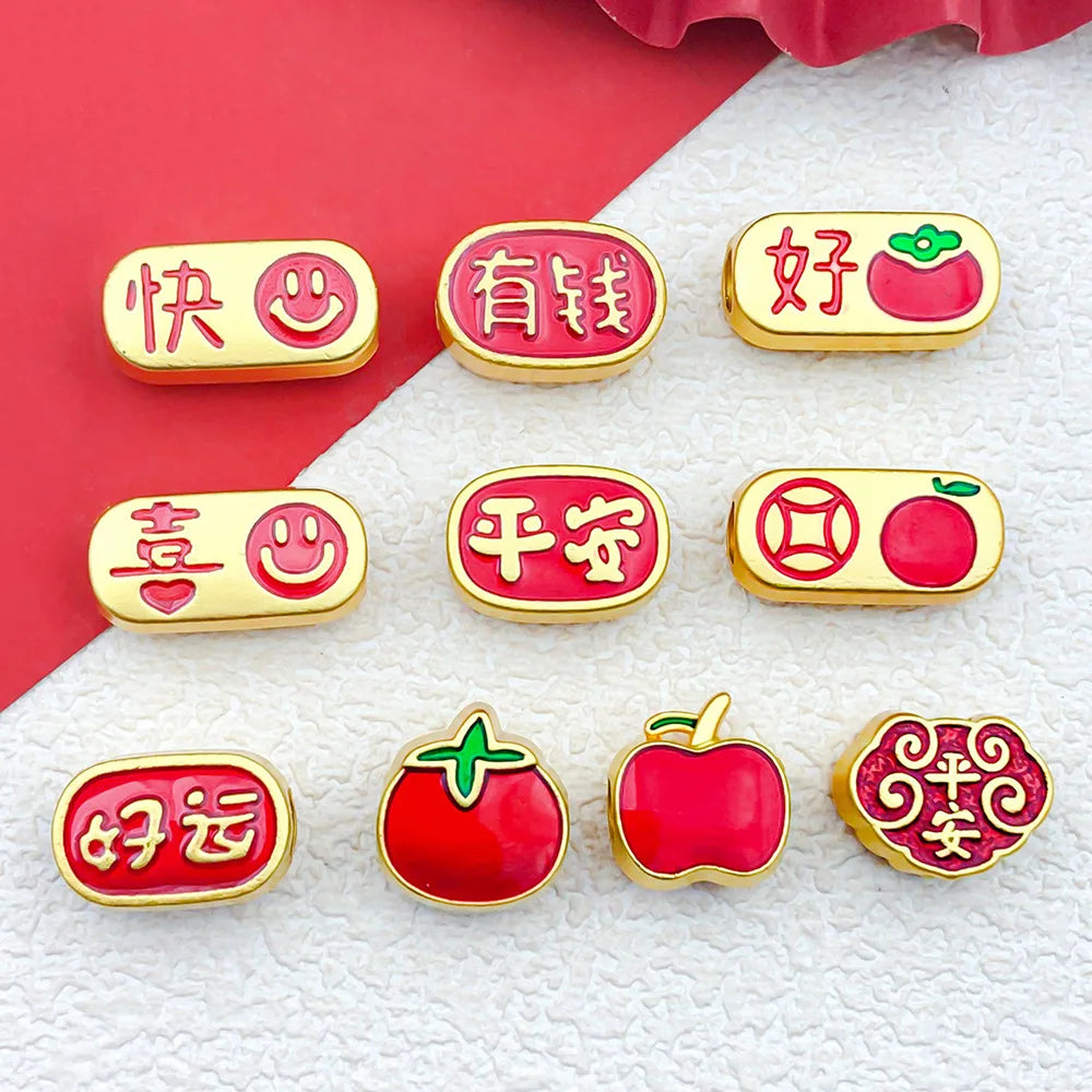 Matte Gold Enamel Zinc Alloy Peace Xi Money Good Luck large hole spacer beads for bracelets