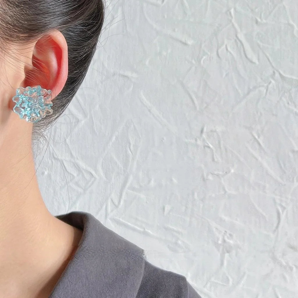 Elegant Ice Blue Resin Flower Stud Earrings With Silver Plated Pins Forest Style Sweet Jewelry
