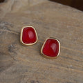 14K Gold Plated Copper Burgundy Geometric Stud Earrings French Vintage Jewelry