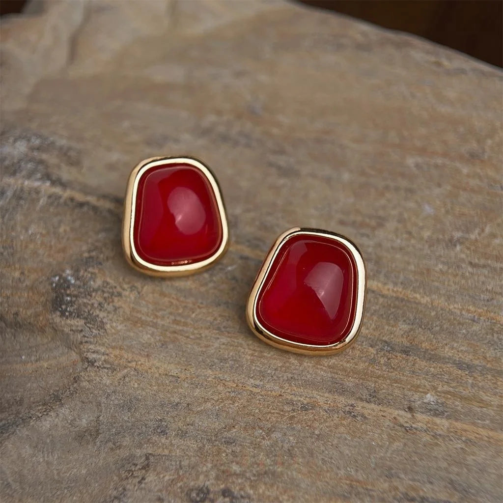 14K Gold Plated Copper Burgundy Geometric Stud Earrings French Vintage Jewelry