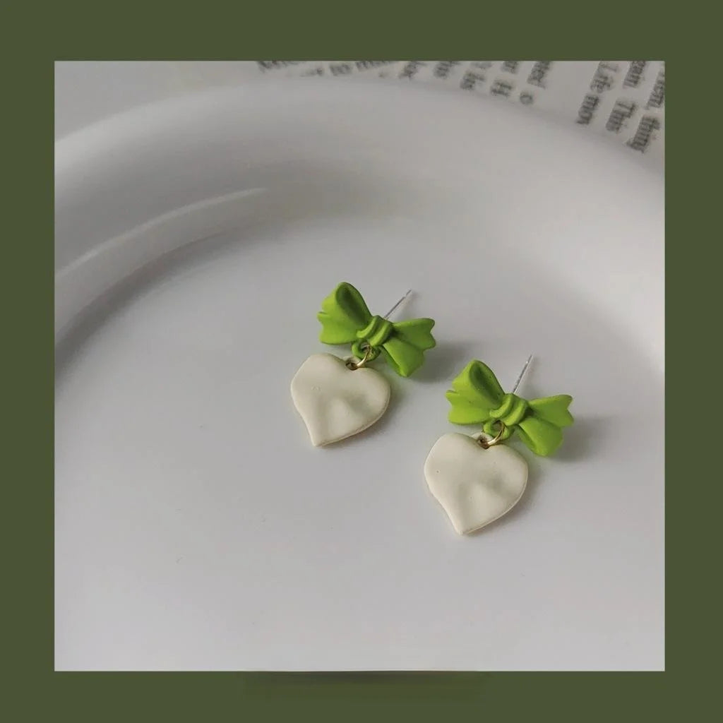 Avocado Green Enamel Bow Heart Stud Earrings Silver Plated Metal Style