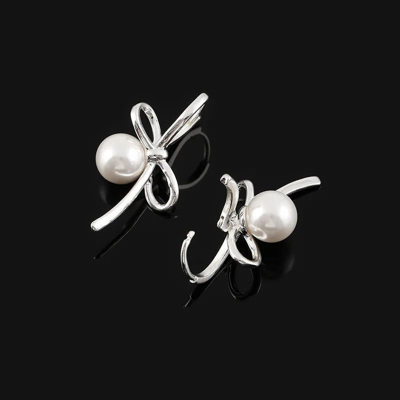 Elegant Silver Alloy Bowknot Pearl Stud & Clip On No Piercing Unique Gentle Fashion Earrings