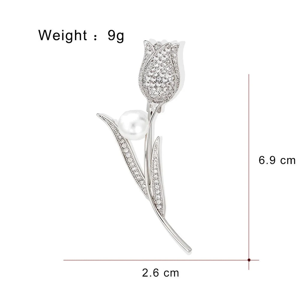 Elegant Tulip Flower Brooch With Pearl And Zircon Rhinestones, Luxury Lapel Pin Corsage Gift
