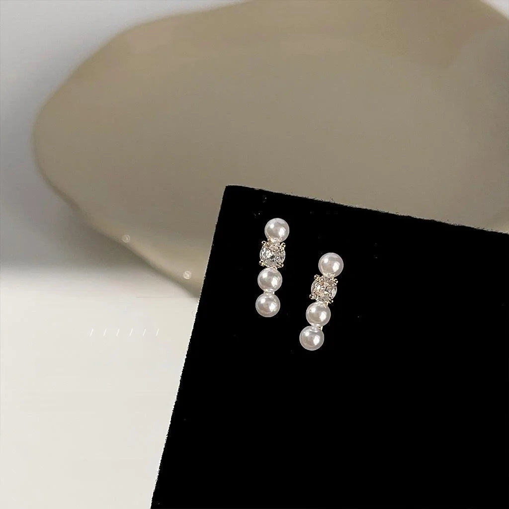 Minimalist French Pearl Bar Stud Earrings Copper Micro Pave Zircon Geometric Jewelry