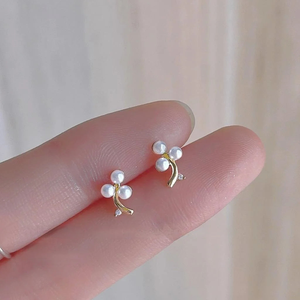 French Vintage Copper Pearl Grape Cluster Stud Earrings With Micro Pave Zircon Flower