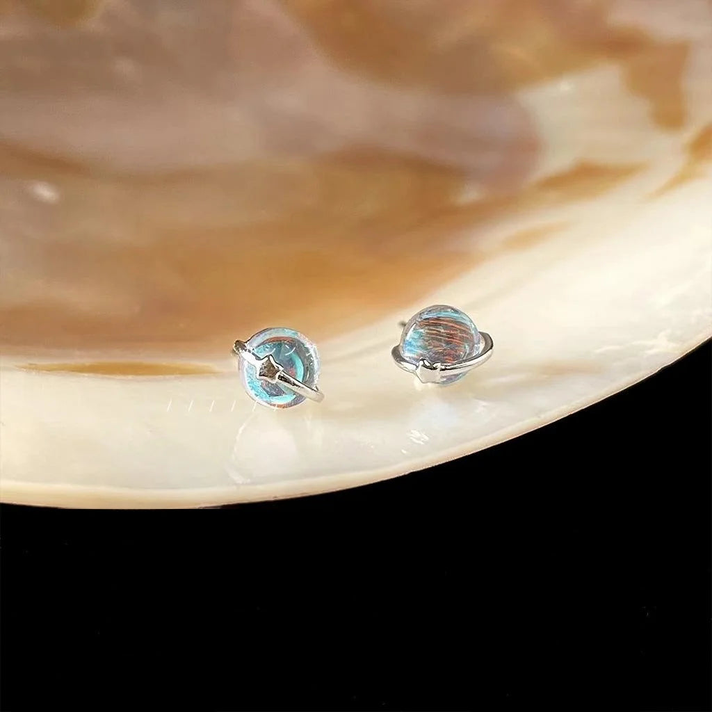 Mini Iridescent Planet Star Copper Stud Earrings With Silver Plated Pins, Style Jewelry
