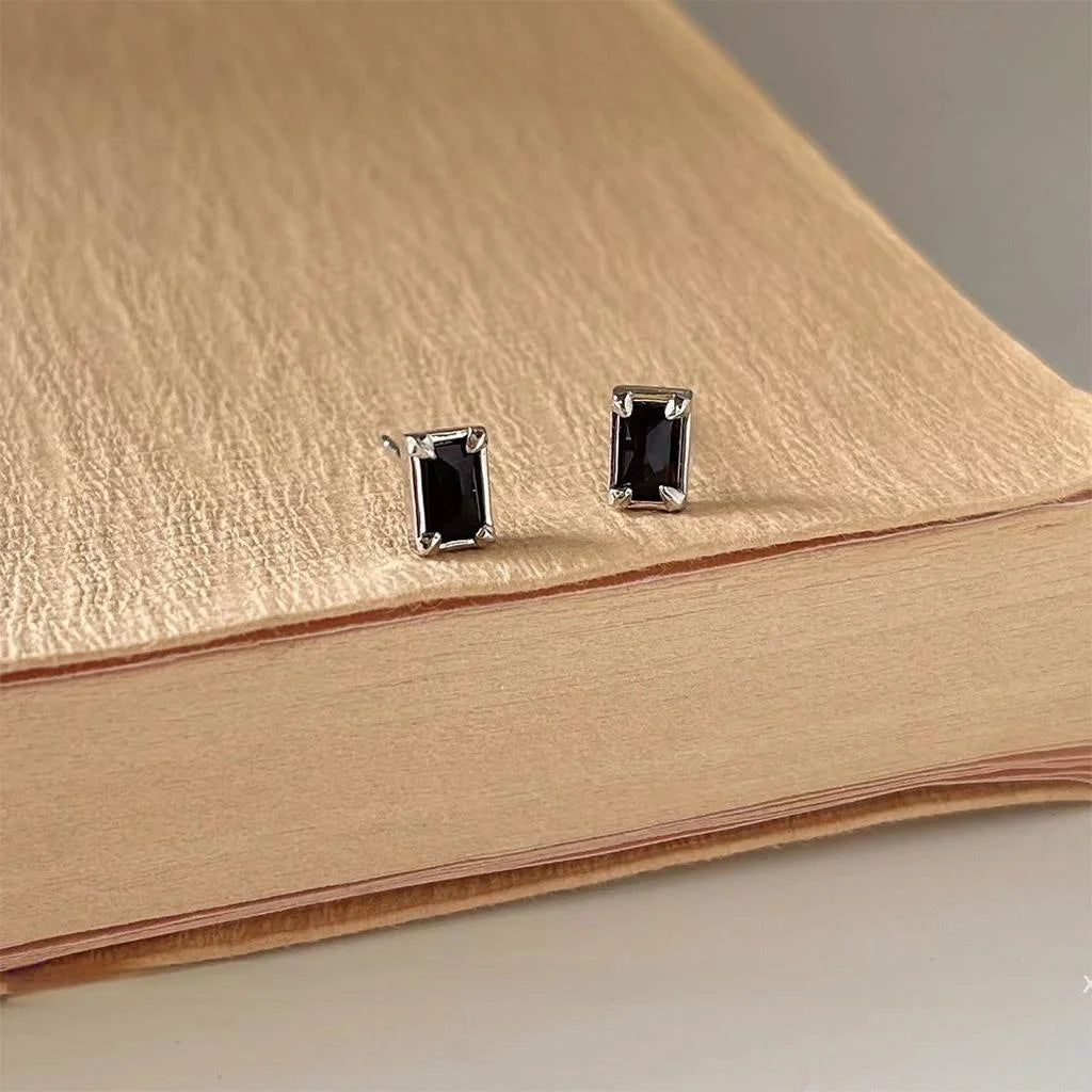 Minimalist Black Rectangular Zircon Copper Stud Earrings, Mini Geometric Jewelry
