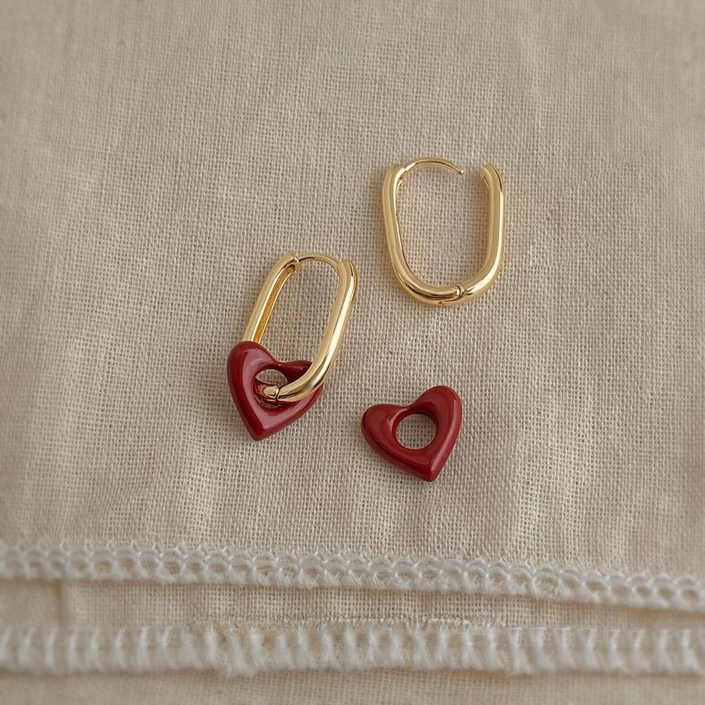 French Vintage Red Hollow Heart Oval Copper Drop Earrings For Women, Elegant Commuter Style