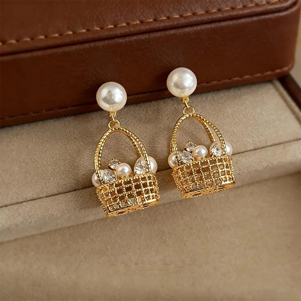Pastoral Flower Basket Drop Earrings With Pearl Zircon Micro Pave Copper