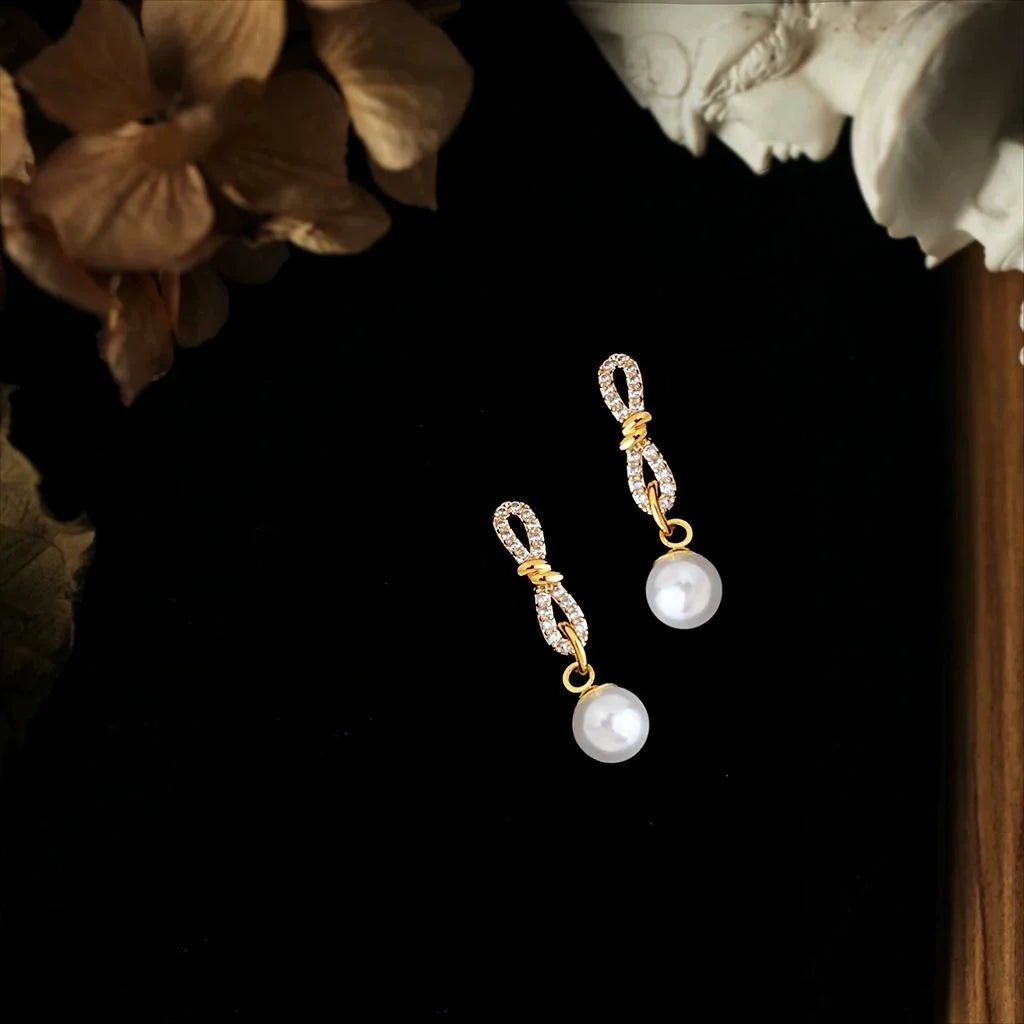 Fashion Geometric Rope Knot Pearl Stud Earrings Eco-Friendly Copper Micro Pave Zircon Silver Plated Jewelry