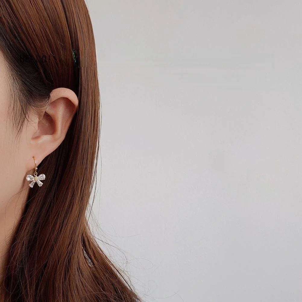 14K Gold Plated Zircon Bow Drop Earrings Mini Korean Style Creative Jewelry