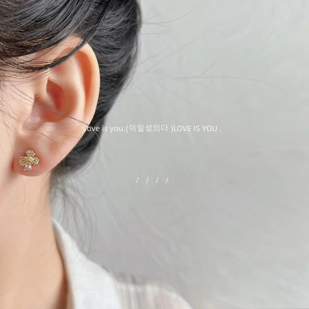 Mini 14K Plated Copper Flower Stud Earrings With Micro Pave Zircon Petal Minimalist Style