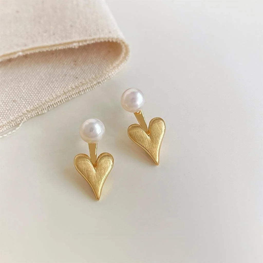 14K Plated Copper Heart Drop Earrings With Freshwater Pearl And Brushed Finish