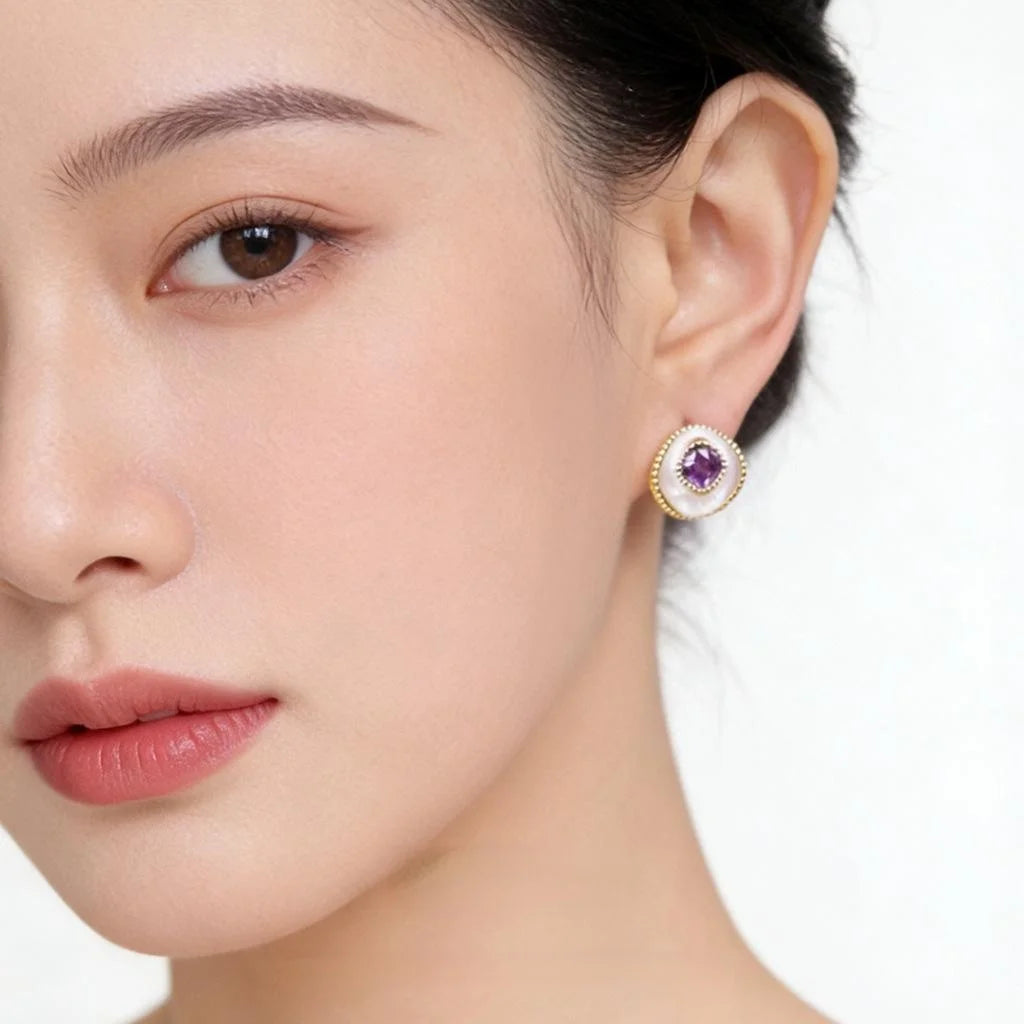 Fashion OL Elegant Purple Zircon Copper Geometric Curved Round Stud Earrings