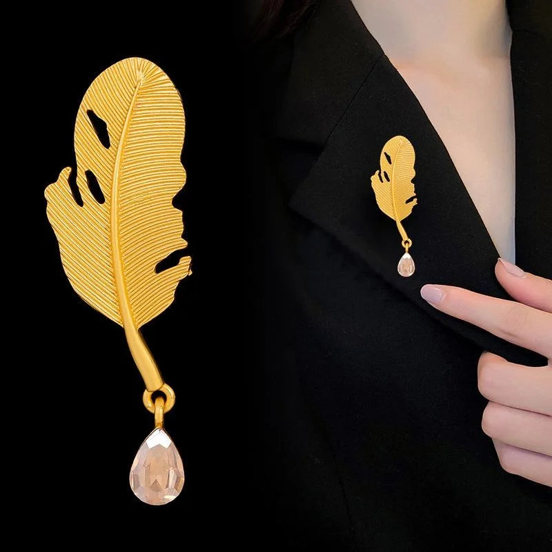 Elegant Gold Alloy Feather Leaf Brooch With Crystal Teardrop Pendant, Women's Lapel Pin Suit Accessory
