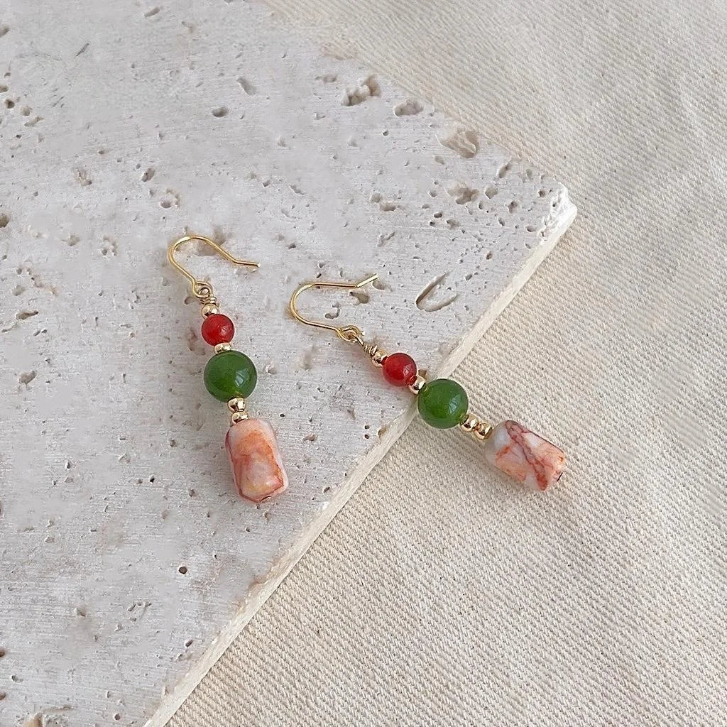 Handmade New Chinese Style Red Green Agate Natural Stone Geometric Tassel Drop Earrings for Women
