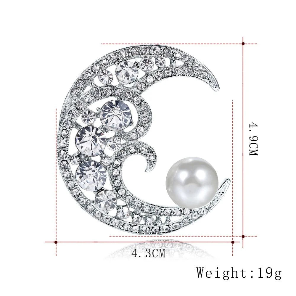 Elegant Crescent Moon Pearl Rhinestone Brooch For Women, Luxury Alloy Lapel Pin Corsage Suit Accessory Gift