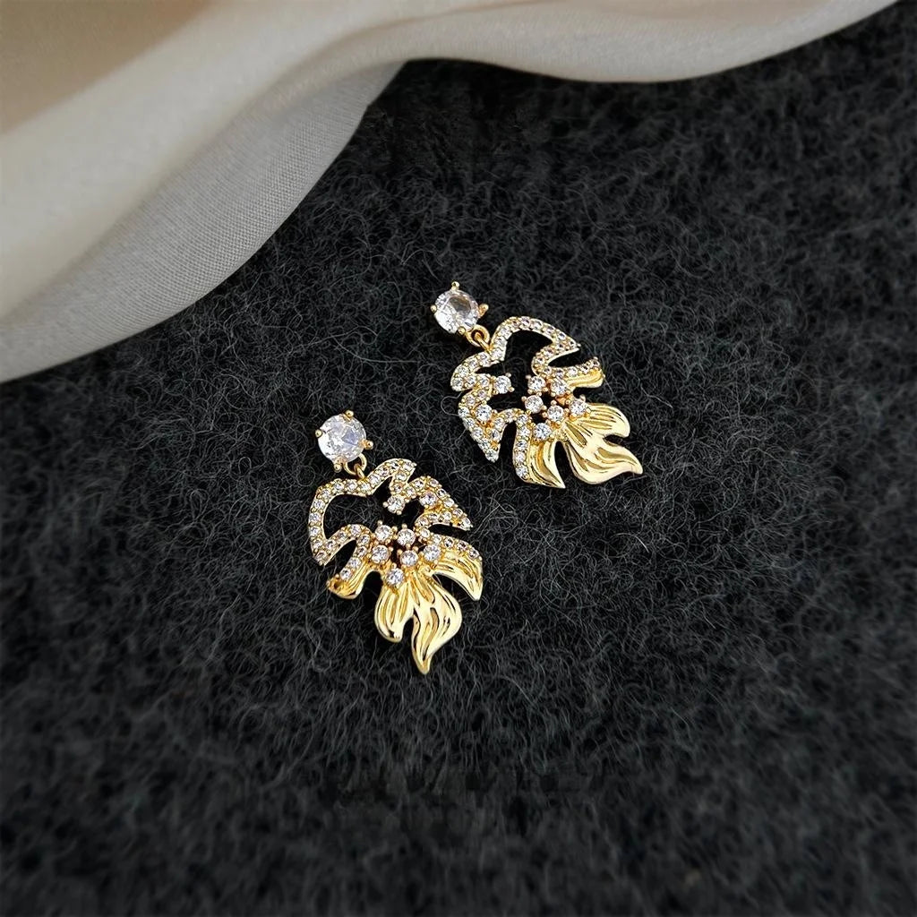 Original Design Micro Pave Zircon Hollow Leaf Drop Earrings Eco Friendly Copper Silver Plated Pin